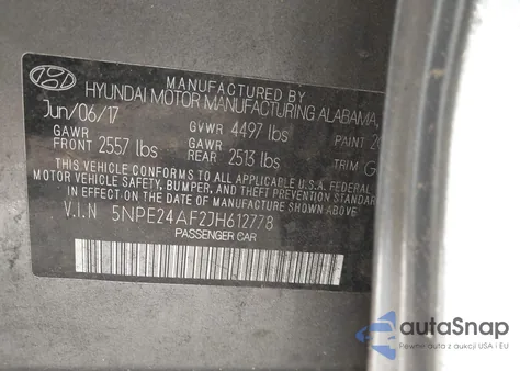 2018 Hyundai Sonata Se z USA, uszkodzony, nr VIN 5NPE24AF2JH612778